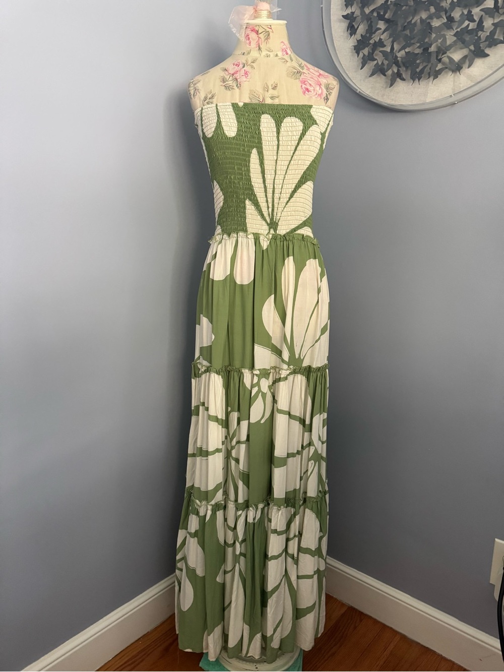 Anthropologie Abel the Label Matcha Green and Cream Floral Smocked Maxi Dress
